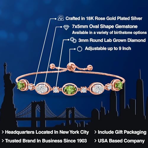 Gem Stone King 18K Rose Gold Plated Silver Green Peridot and and Lab Grown Diamond Bracelet For Women | 4.50 Cttw | Gemstone August Birthstone | Oval 7X5MM | Fully Adjustable 9 Inch2