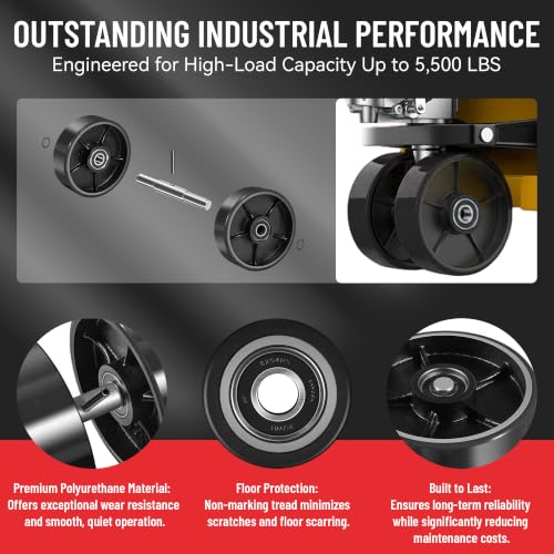 Image of Set of 2 Pallet Jack Steering Wheels (7 inch x 2 inch) Black Polyurethane on Steel Hub - Heavy Duty Replacement Parts with Pre-Installed Bearings, Axles & Fasteners - Fits Most Pallet Trucks
