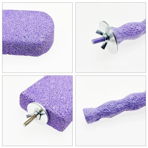 Image of Pet Teeth Grinding Stone and Perch, Bird Perch Stands, Natural Chewing Toys for Small Medium Birds Budgies Conures Cockatiels Rats, Purple and Pink