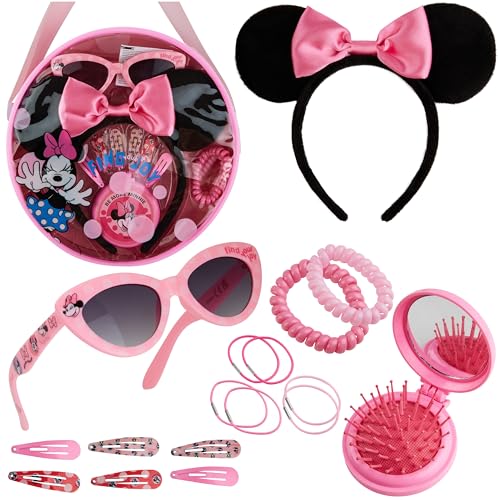 Disney Stitch Sac à Main Fille Mignonne Sac à Bandoulière avec Lunettes de Soleil UV400 Pince à Cheveux Bandeaux pour Cheveux Accessoires (Rose Minnie Mouse)