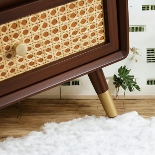 Image of MISAN Boston Solid Wood Bedside Table with Rattan Drawers Mid Century Night Stand for Living Room, Bedroom (S - Walnut)