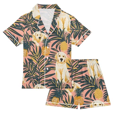 ALAZA Palm Leaves Pineapple Dachshund Dog Satin Pajamas Set Short Sleeve Button Down Sleepwear Summer Pjs 2 Piece