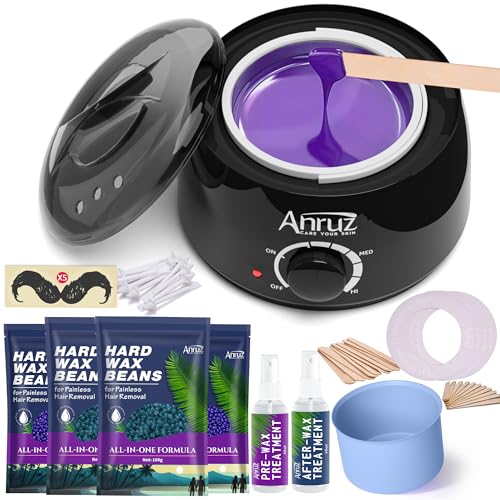ANRUZ Waxing Kit Wax kit for Hair Removal Wax Pot for Waxing Professional with Silicone Bowl 4 Bags Wax Beads and 20 Applicator Sticks 2 Treatment Oils-at Home Wax Machine for Full Body Waxing