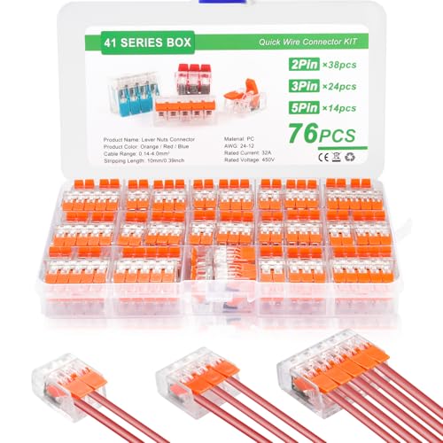 76 Pièces Connecteur Electrique,Compacts Rapide Cosses, Borne de Connexion Electrique, 38 Pcs 2 Entrées, 24 Pcs 3 Entrées,14 Pcs 5 Entrées Assortiment,...
