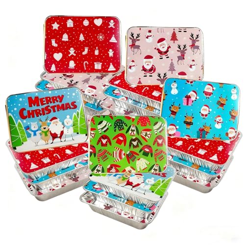 Findful 50 Pack Christmas Aluminum Pans with Lids - 8.5x6 Inch Disposable Foil Pans with Lid (2.25lb Capacity), 5 Holiday Print Designs, Foil Containers with Lids for Baking, Cooking, Leftovers