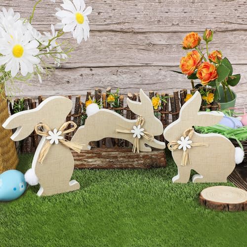 PAIVSUN 3X Niedlich Osterhasen Figuren Dekorative Osterhase Holz mit Schleife Fellknäuelschwanz, Osterdeko Modern Tisch Fenster