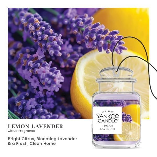 Image of Yankee Candle Classic Paper Car Jar Air Freshener, Hanging Car Freshener, Long Lasting Car Fragrance, Lemon Lavender (Pack of 3)