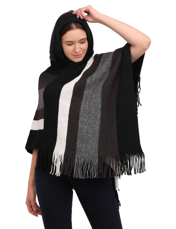 MANRA Women's Casual Hooded Cape Striped Woolen Poncho for Winter (SC 09 Cap/Black/M)-picture-34