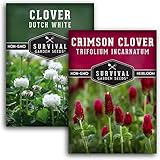 Clover Seed Collection for Planting - 2 Packets of Crimson & Dutch White Clover Seeds - Ground Cover & Pollinator Attractor - Non-GMO Heirloom Open-Pollinated Varieties - Survival Garden Seeds