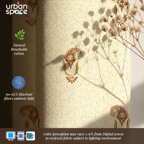 Image of Urban Space 100% Cotton Floral Curtains 7 feet Long Set of 2, 60-65% Room Darkening, Decorative Curtains with Eyelets /Rings for Hanging, Tieback Included (Jaipur Paisley Rust, Door - 7 Feet)