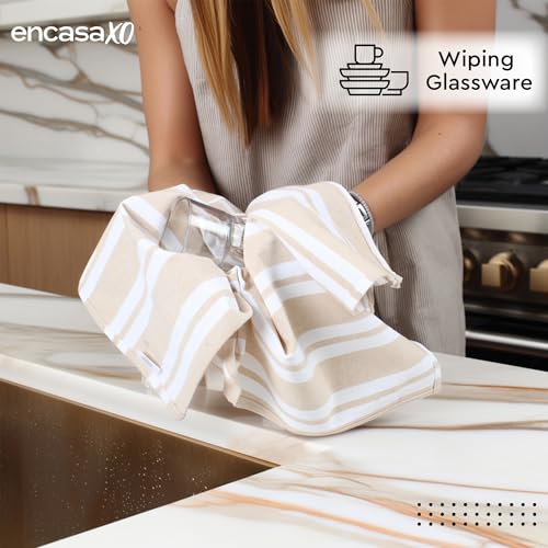 Image of Encasa XO Kitchen Towels Cotton Pack of 4 | 70x45 cm, Franca Beige Stripes - Dish Cloths | Highly Absorbent Cleaning & Wiping Cloths for Kitchen | Reusable Tea Towels