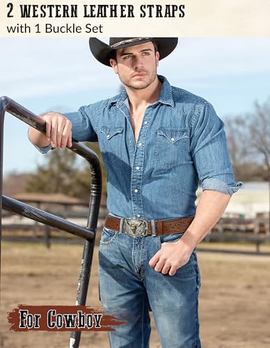 SANSTHS 2 Pack Cowboy Western Belt Strap with a Buckle, Men Women Embossed Cowboy Cowgirl Belt Strap for Jeans Gifts2