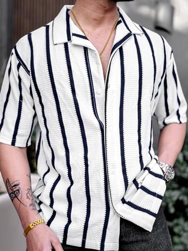 Image of Maniac || Mens || Striped || Collared Neck || Half Sleeve || Popcorn Knitted || Shirt