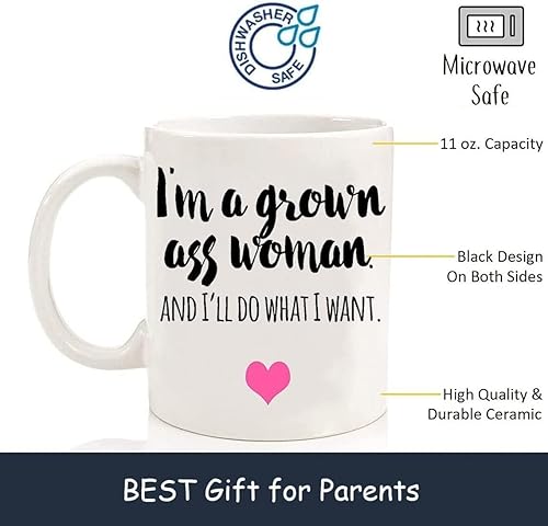 Miniatura 2 de Taza de café divertida con texto en inglés "I'm a Grown Ass Woman and I'll do What I Want - Taza de té blanca impresa de doble cara de 11 onzas