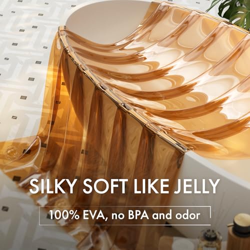 Image of AmazerBath No Hook Shower Curtain and Liner 3-in-1, 8G Luxury Heavy Duty Clear Orange No Hook Shower Curtain Liner, 72x75 Cute EVA Bathroom Weighted Plastic Shower Curtain with 3 Heavyweight Stones