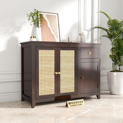 Image of Solid Sheesham Wood Sideboard Cabinet for Living Room | Crockery Cabinet with 2 Rattan Cane Door | Kitchen Display Unit 2 Rattan Cane Doors,1 Door Cabinet & 1 Drawer (Walnut Finish)