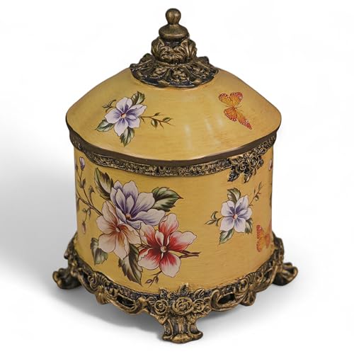 Image of Flower Printed Luxurious Jewellery Jar, Resin Handcrafted Antique Premium Jewelry Storage Box for All Jewelry Necklaces Earring Ring Chain Bangle (Mustard, 6.5X10 Inch)