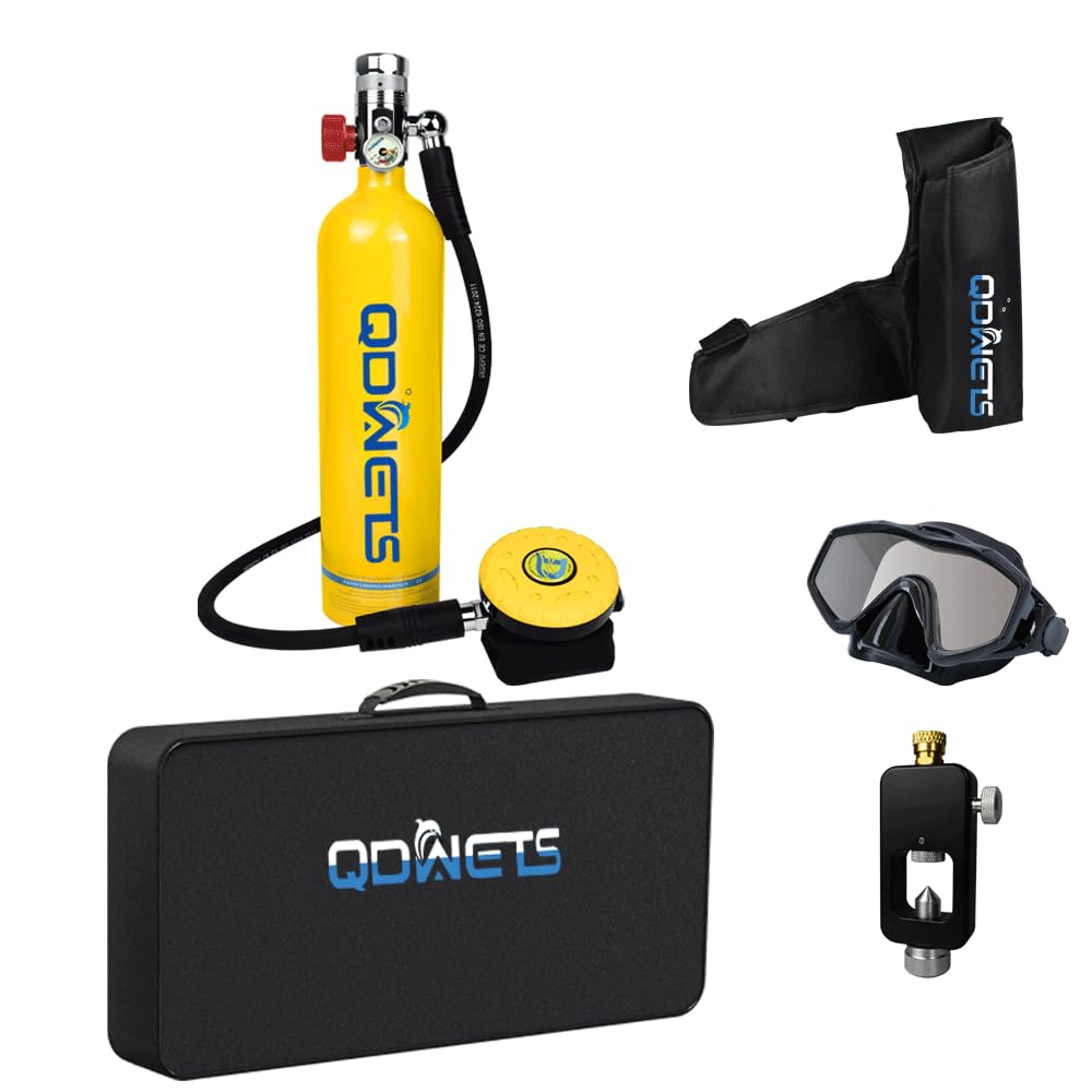 QDWETS S5000 1L Mini Scuba Diving Tank Equipment with Diving Mask, Mini Scuba Cylinder, High-Pressure Air Pump & Oxygen Cylinder for 15-20 Minutes of Underwater Breathing. (Yellow)
