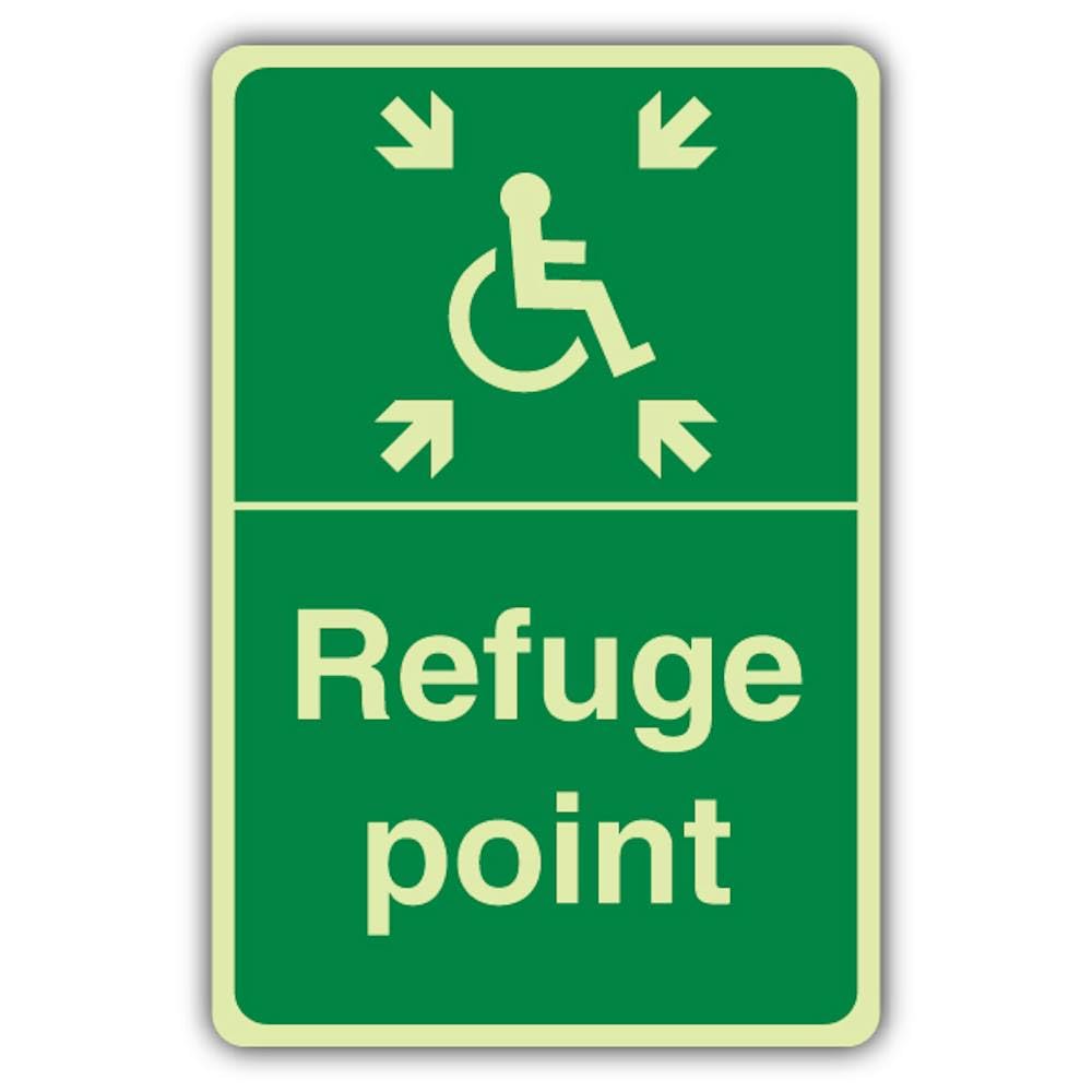 V Safety Photoluminescent Refuge Point With Arrows Safety Sign - 300 x 450 mm - 3mm Aluminium Composite - Triple Glow