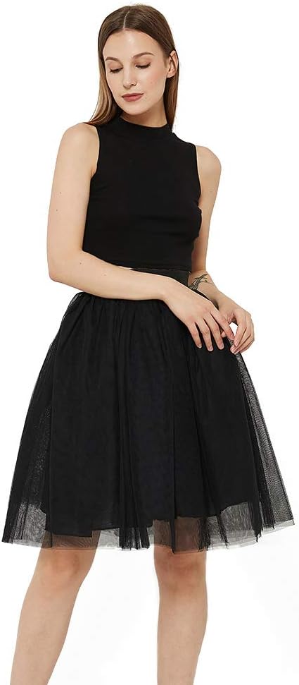 WEISIPUPLUS SIZE Women's 6 Layer Short A Line Elastic Waistband Tutu Tulle Prom Princess Midi Dance Skirt