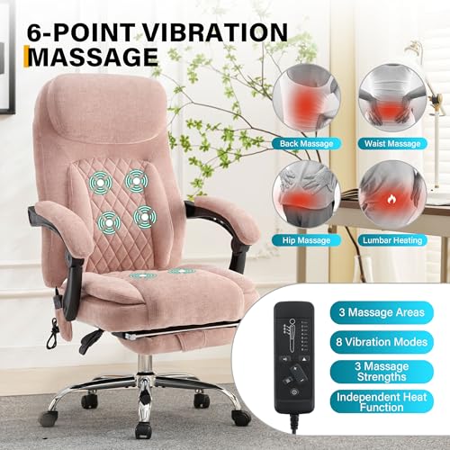 Image of 6-Point Massage Office Chair with Heated, Ergonomic Office Chair with Footrest & 45Reclining High Back, Big and Tall Executive Office Chair 500LBS, Thick Cushion Desk Chair for Home Office, Pink