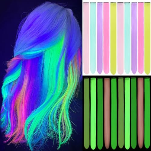 Orgwigs 10PCS Glow in the Dark Hair Extensions 20inch Colorful Clip In Hair Extension Multicolor Glow in the Dark Hair Accessories