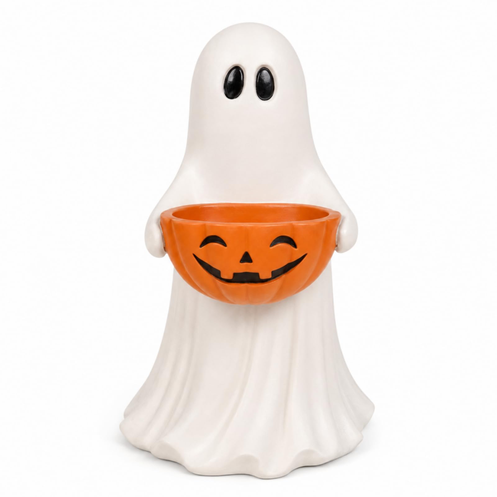 LLELEMAMO 14-Inch Halloween Ghost Statue with Pumpkin Candy Bowl, Weather-Resistant Resin Figurine, Freestanding Trick-or-Treat Candy Holder for Outdoor Porch, Yard, Patio and Indoor Decor (Ghost)