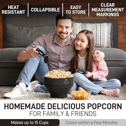 Image of Zulay Microwave Popcorn Popper Bowl Maker with Lid - Collapsible, BPA-Free Silicone, Dishwasher Safe, Wide Spacious Size, No Oil Needed - Family Movie Night Supplies - Black