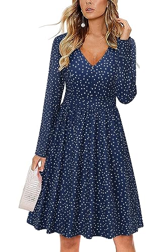 Image of ULTRANICE Women's Fall Casual Long Sleeve Dresses V Neck Swing Midi Dress with Pockets