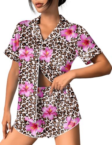 Image of Ekouaer Womens Silk Satin Pajama Set Print Short Sleeve Sleepwear Button Down Pjs Shorts Set Loungewear