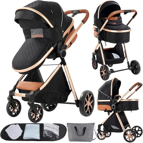 Image of 2 in 1 Baby Stroller Convertible Reversible Standard Pram Portable Pushchair Infant Buggy Baby Carriage Foldable High Landscape Pram for Toddler Newborn (225 Black Gold)