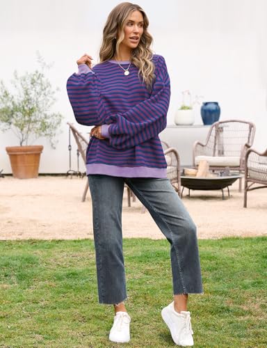 Image of UEU Women Oversized Striped Crewneck Sweatshirt Long Sleeve Color Block Pullover Tops Casual Loose Workout Shirt