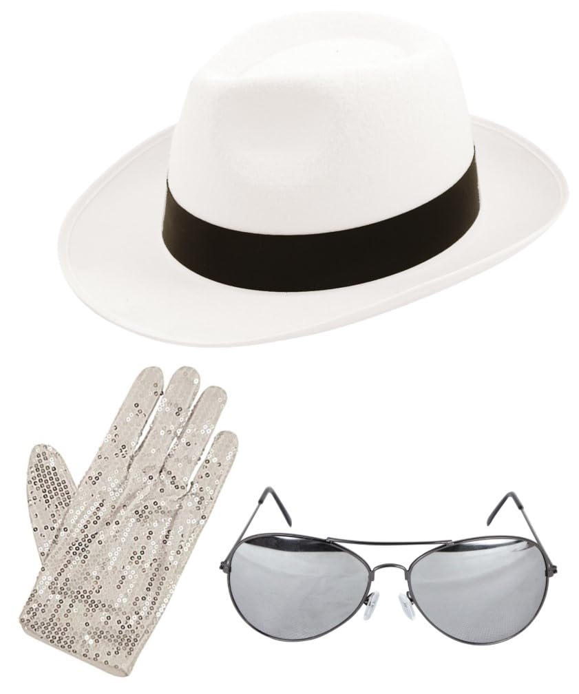 Mega_Jumble King of Pop Michael Jackson Hat, Sequin Glove & Sunglasses Set Pop Star, Gangster Disco Music Festival Cosplay Party Fancy Dress Costume Accessories