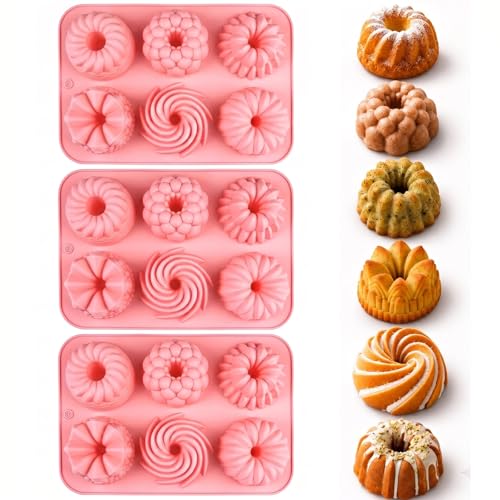 XVZZGNTH Mini Gugelhupfform Silikon 3 Stück Gugelhupf Backform mit 18 Mulden Antihaft Silikonform für Mini Kuchen Dessert Pudding & Schokolade