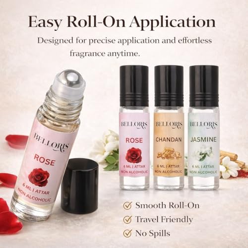 Image of Rose ,Chandan, Jasmine & Chandan Kesar, 4 x 6ml, Attar Gift Set for Men & Women, Non Alcoholi Perfume Oil | Premium Roll On Ittar Fragrance Gift Box Special Occasions Eid, Ramadan, and Umrah Gifts