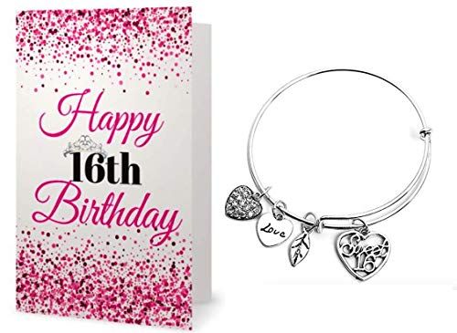 Infinity Collection Sweet 16 Charm Bangle Bracelet & Card Gift Set- Sweet 16 Jewelry - Sweet Sixteen Gift- Birthday Gift for Girls
