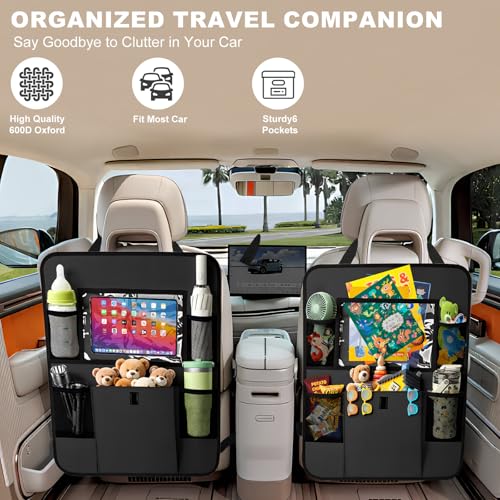 Image of Car Backseat Organizer with Tablet Holder, 6 Storage Pockets Seat Back Protectors Kick Mats for Kids, Car Seat Protector for Road Trips 2 Pack (Black)