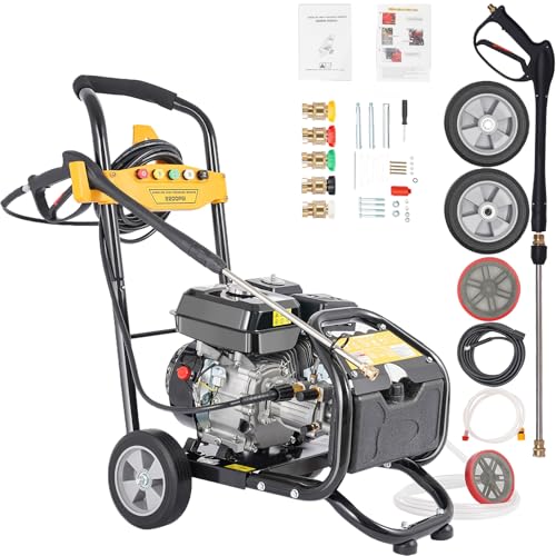 2465 PSI Petrol Jet Washer with Two 8-inch Wheels 7.5HP 9LPM Pressure High Power Jet Cleaner Tool Multiple Nozzles Cleaner for Cars Sidewalks RVs Floors Roofs