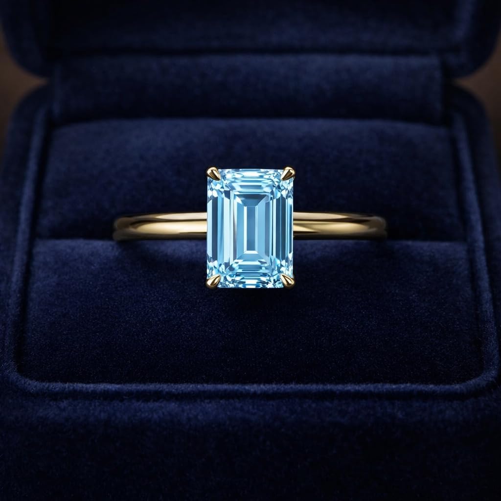 Minimal Blue Topaz Engagement Ring for Women Emerald Cut 14K Yellow Gold Hidden Halo Solitaire December Birthstone Fine Jewelry Gift for Her