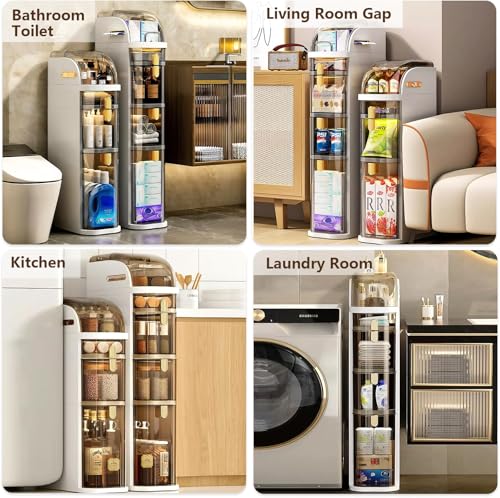 Lozovin 4-Tiers Narrow Bathroom Floor Storage Cabinet 7.1″ Plastic Drawers Organizer with Tissue Box and Wheels Slim Waterproof Bathroom Cabinet for Small Kitchen Laundry Living Room Toilet Gap