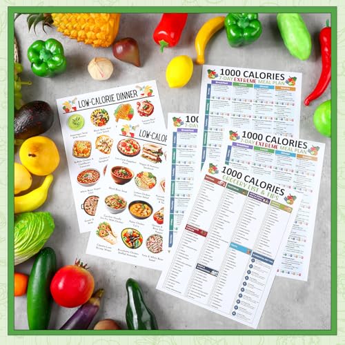 Image of Sinload 12 Pcs Low Calorie Meal Plan Poster Low Calorie Diet Chart Laminate Weight Loss Grocery List for Kitchen Classroom Fridge