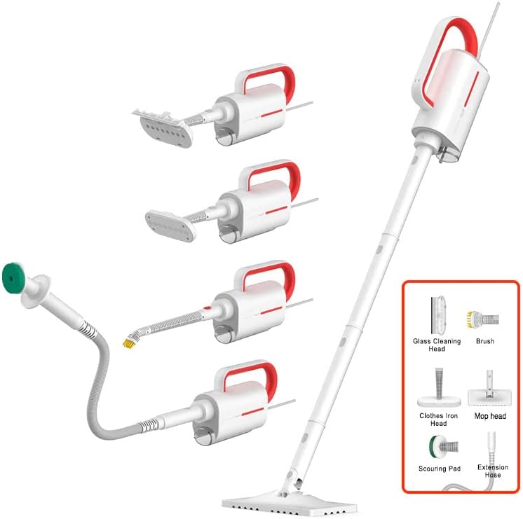 DeermaZQ610 Multi-function Steam Cleaner with 5 Brush Heads 1600W | Lightweight Steam Glass Scraper | Glass Cleaning | Steam Iron | Scouring Pad | Kitchen Cleaning | 99.99% Sterilization - White