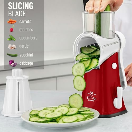 Image of Zulay Kitchen Rotary Cheese Grater 5 Blade Cheese Shredder - Manual Hand Crank Cheese Grater With Reinforced Suction & 5 Interchangeable Drums - Easy to Use, Vegetable Chopper Round Mandoline Slicer