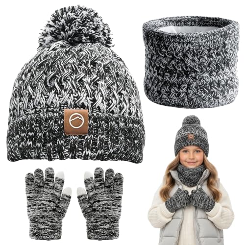 YUFFQOPC Kids Hat Scarf Gloves Set, 3 In 1 Knit Warm Toddler Winter Cap Gloves Neck Warmer, Warm Thermal Knitted Beanie Cap Snood Neck for Boys Girls 3-12 Years, Gray