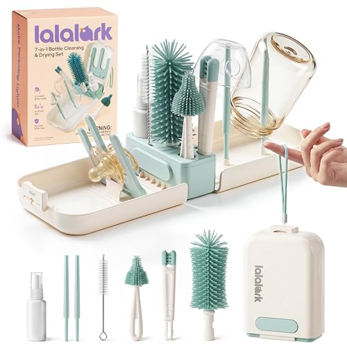 lalalark 7-in-1 Baby Bottle Brush Set BPA Free Silicone Baby Bottle Cleaning Kit with No Scratch Dual-Headed Brush Nipple Brush Soap Dispenser & Drying Rack Travel Cleaner Set with Storage Case Mint