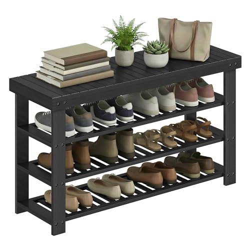 Image of SONGMICS Shoe Rack Bench, 4 Tier Bamboo Shoe Storage Organizer, Entryway Bench, for Living Room, Bathroom, Bedroom, 11.3 x 35.2 x 20.5 Inches, Ink Black ULBS390BH01