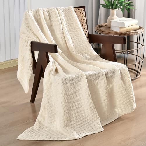 Image of PHF 100% Cotton Waffle Throw Blanket for Couch, Lightweight Breathable and Soft for Summer, Luxury Aesthetic Waffle Weave Blanket for Home Decor & Office, Gifts for Women, 50 inchx60 inch, Natural
