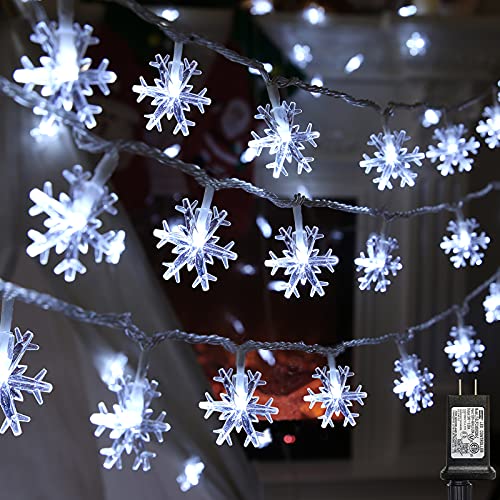 Christmas Snowflake String Lights, 49 ft 100 LED Connectable Christmas Fairy Lights with 8 Modes, Waterproof Plug in Snowflake Lights for Christmas Party, Home, Christmas Tree Decorations (White)