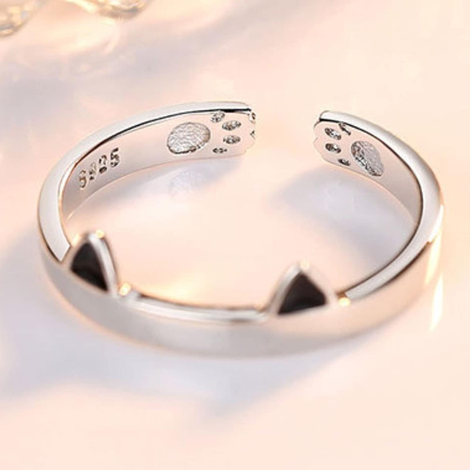 Hcma Black Color 925 Silver Black Pink Cat Ear Ring Animal Open Paw Finger Rings For Party Jewelry