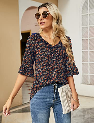 Ivicoer Women's Casual 3/4 Tiered Bell Sleeve V Neck Loose Floral Print Tops Blouses Shirt Navy Xxl #TOP2